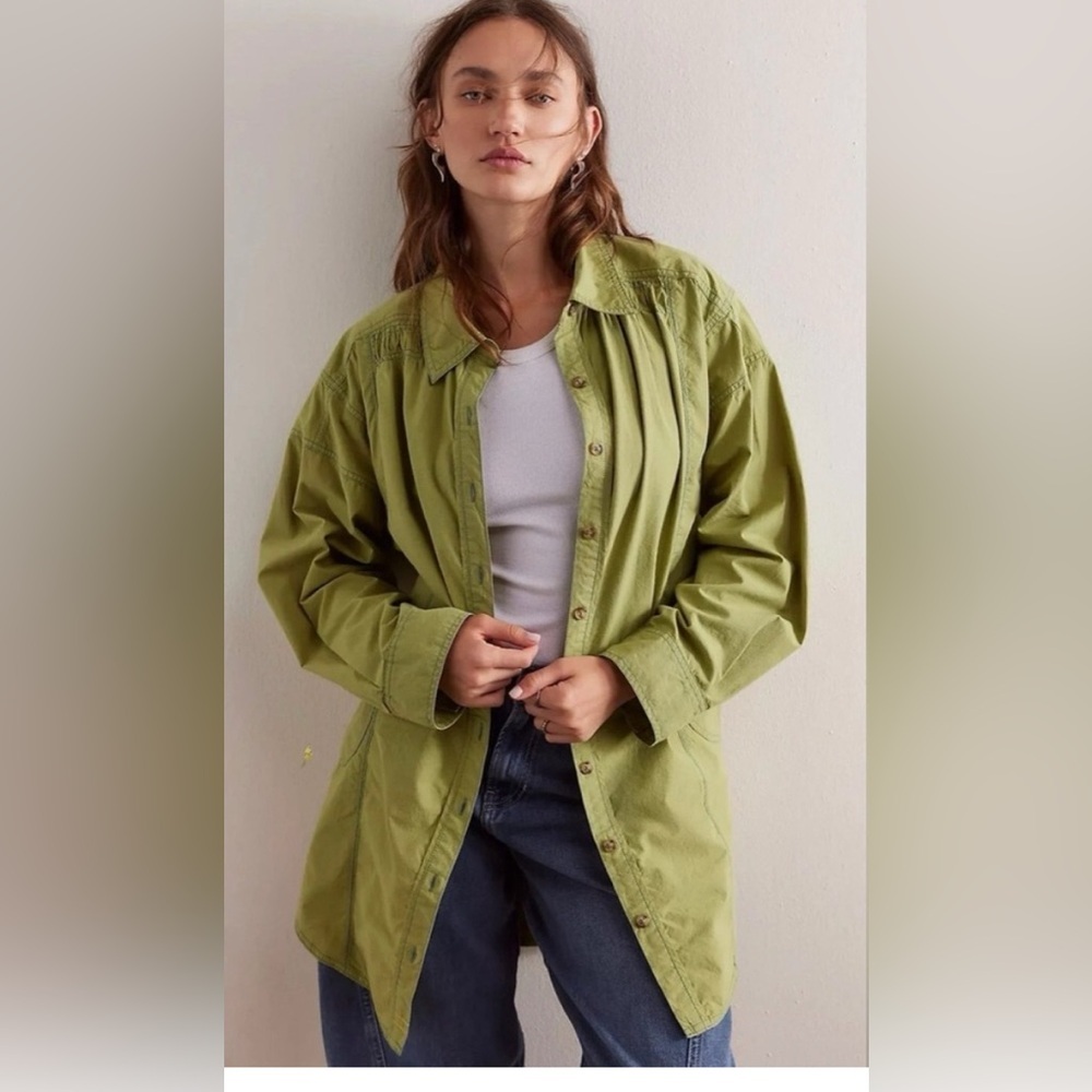 NWT We The Free People Garden State Shirt Button Front Tunic Oversized Green